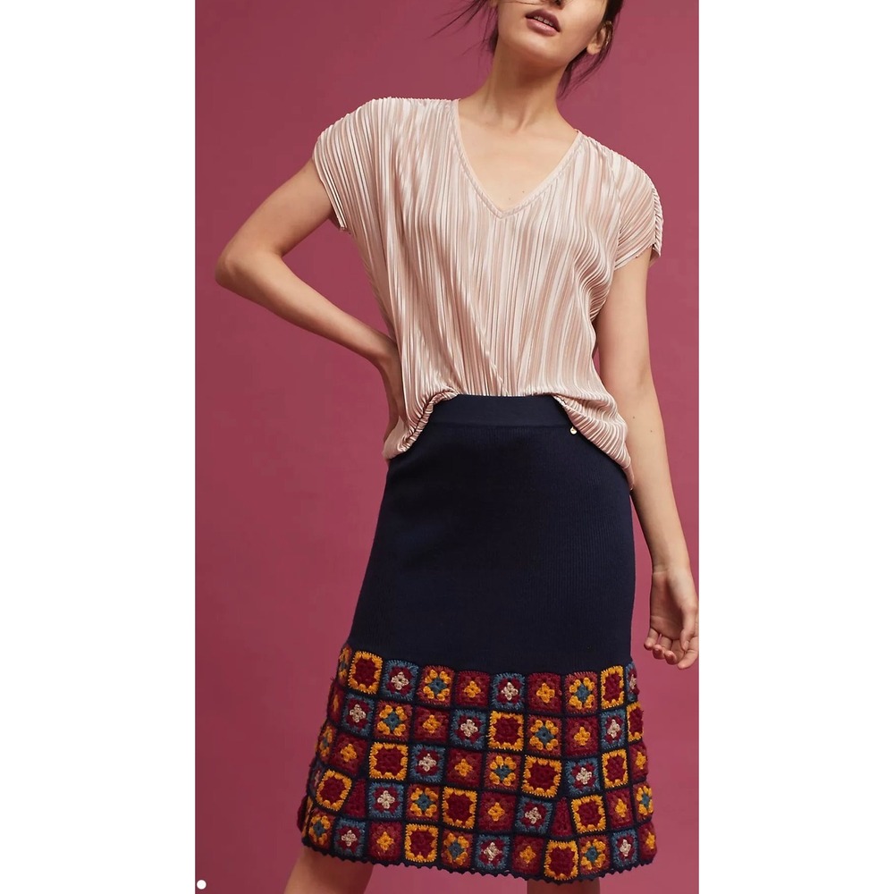 Harlyn Anthropologie Navy Knit Crochet Granny Square Midi Skirt Size M NEW